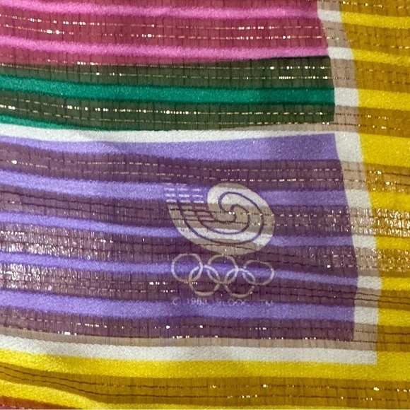 Leehaus Olympic Silk Scarf Blue Pink Yellow Metallic Floral - Picture 4 of 5